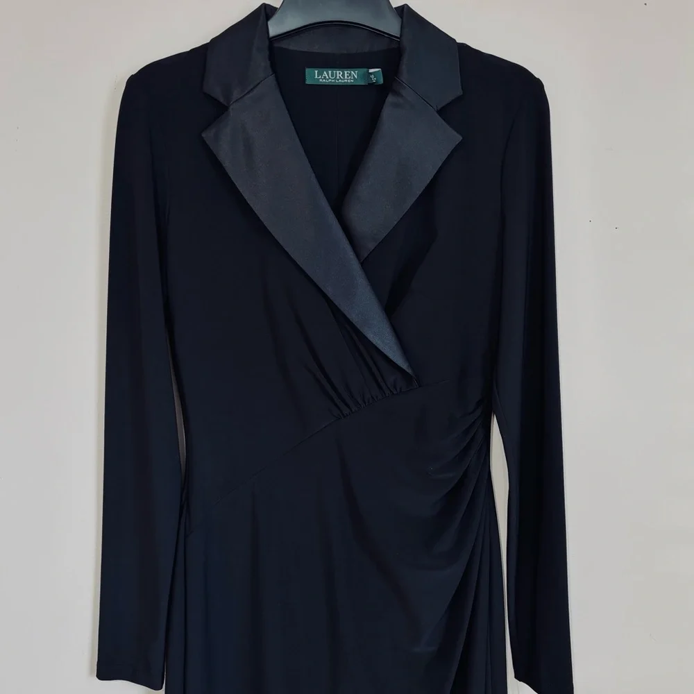 NWT Lauren Ralph Lauren  black long sleeve silk tuxedo formal prom blazer dress